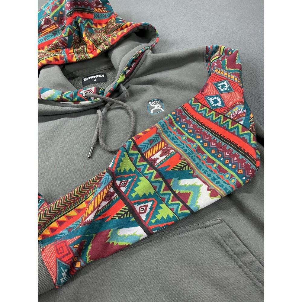 Hooey Hoodie Mens Medium Gray Aztec Sleeves Western Pullover Kangaroo Pocket - Picture 4 of 11